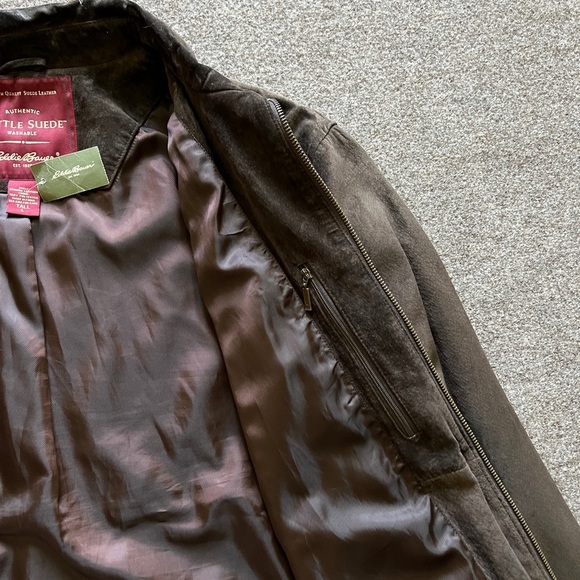 NWT Eddie Bauer Brown Genuine Suede Leather Trucker Harrington Jacket Men L Tall - Picture 7 of 16